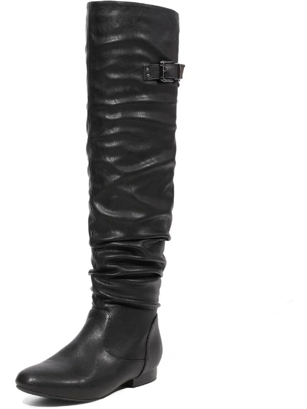 👢Women's Black Pu Knee High Boots Fringes Buckle Straps Chunky Heel Square Toe